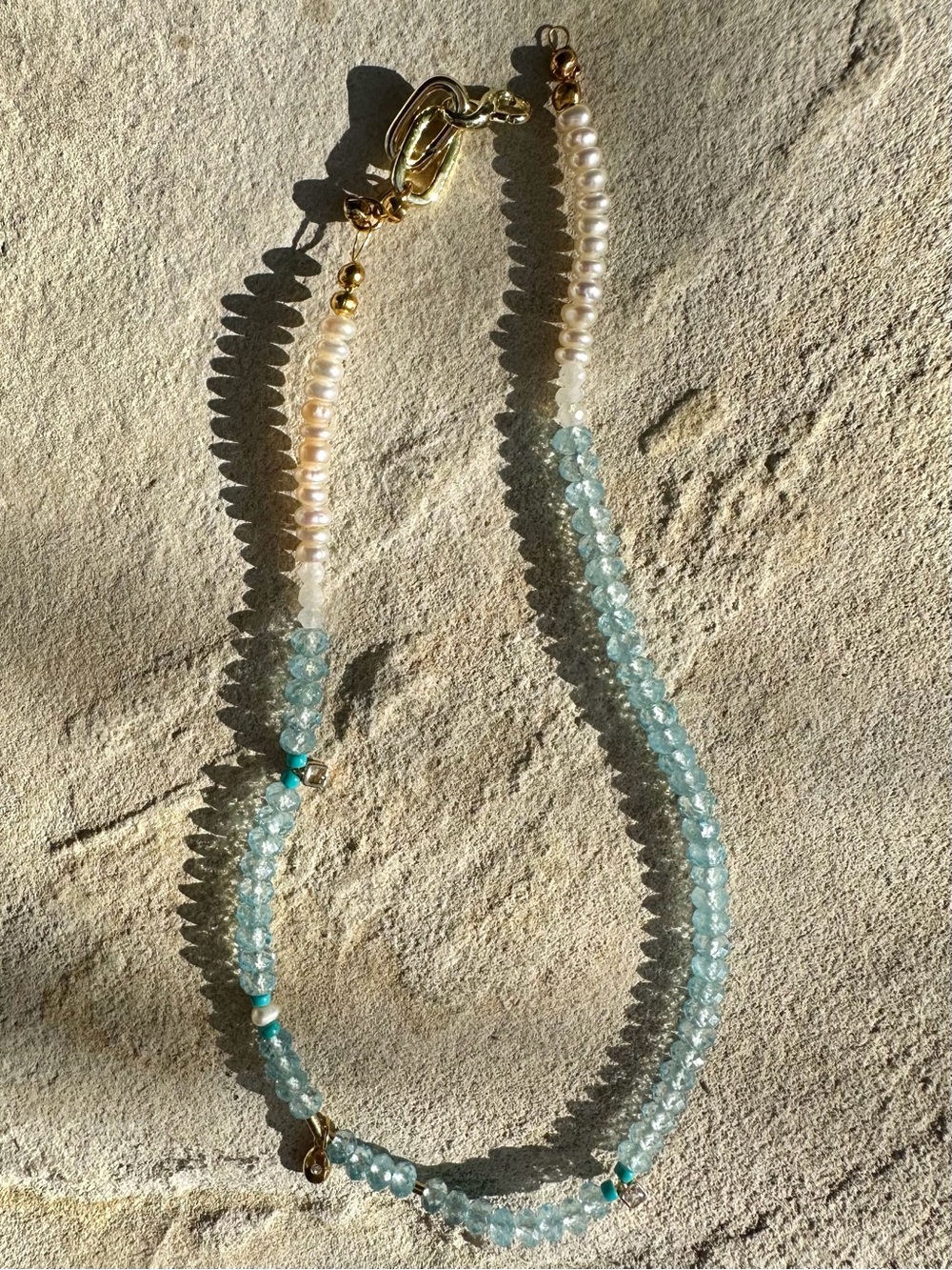 Blue Teal Jade crystals & Pearl Layered Beaded Necklace with Gold Accents